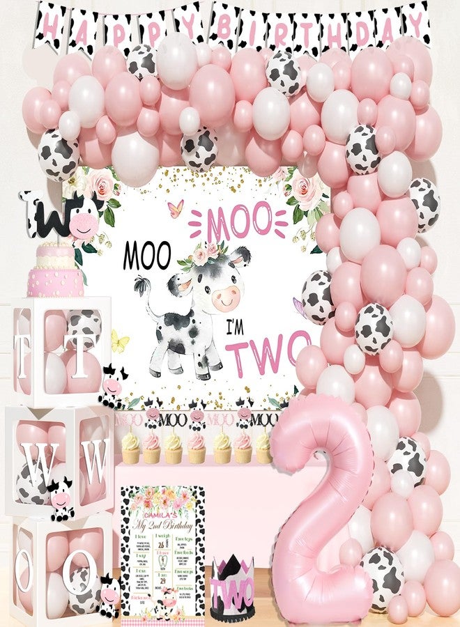 Fiesec Moo Moo Im Two Birthday Decorations Girl, 2nd Birthday Decorations for Girl, Cow Theme Backdrop Balloon Banner Cake Toppers Boxes Cutout Crown Poster for Girls Two Years Old Party Supplies - Image 1